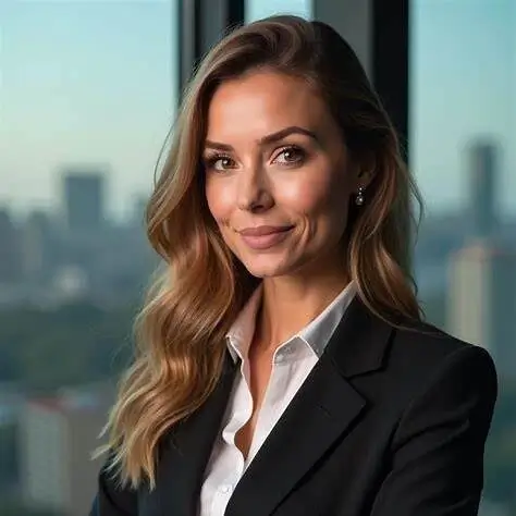 Portraetfoto einer Frau im schwarzen Blazer mit weisser Bluse vor unscharfem Hintergrund