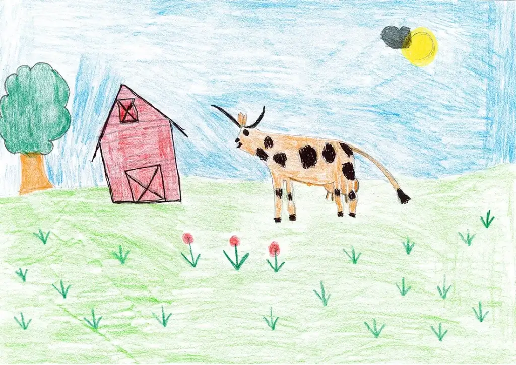 Kinderzeichnung mit Bauernhof, Kuh auf der Wiese, Baum und Sonne