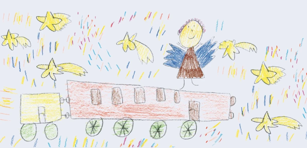 Buntstiftzeichnung mit dem Christkind, einem Zug und vielen Sternen auf hellblauem Hintergrund.